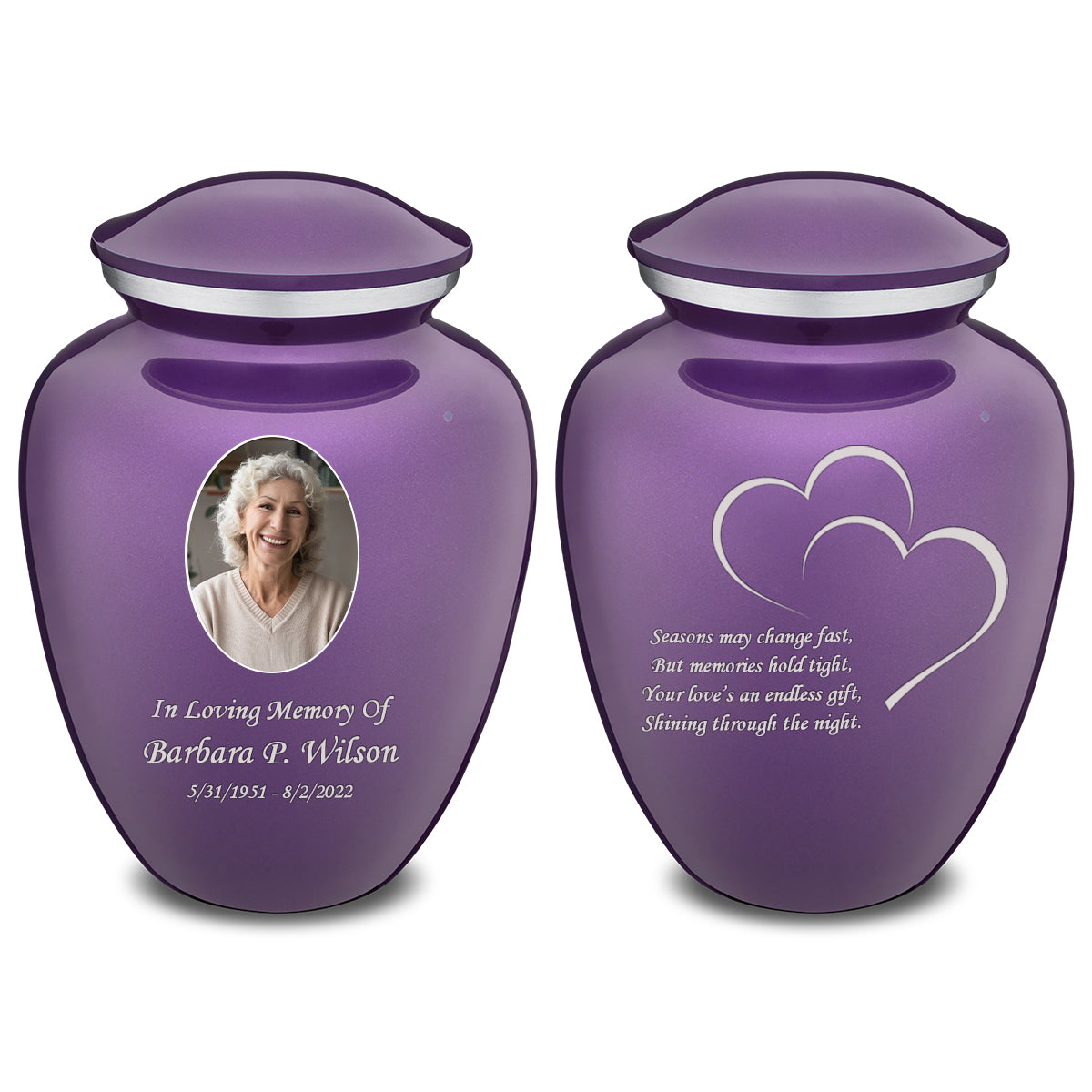 Medium Embrace Purple Portrait with Hearts Cremation Urn
