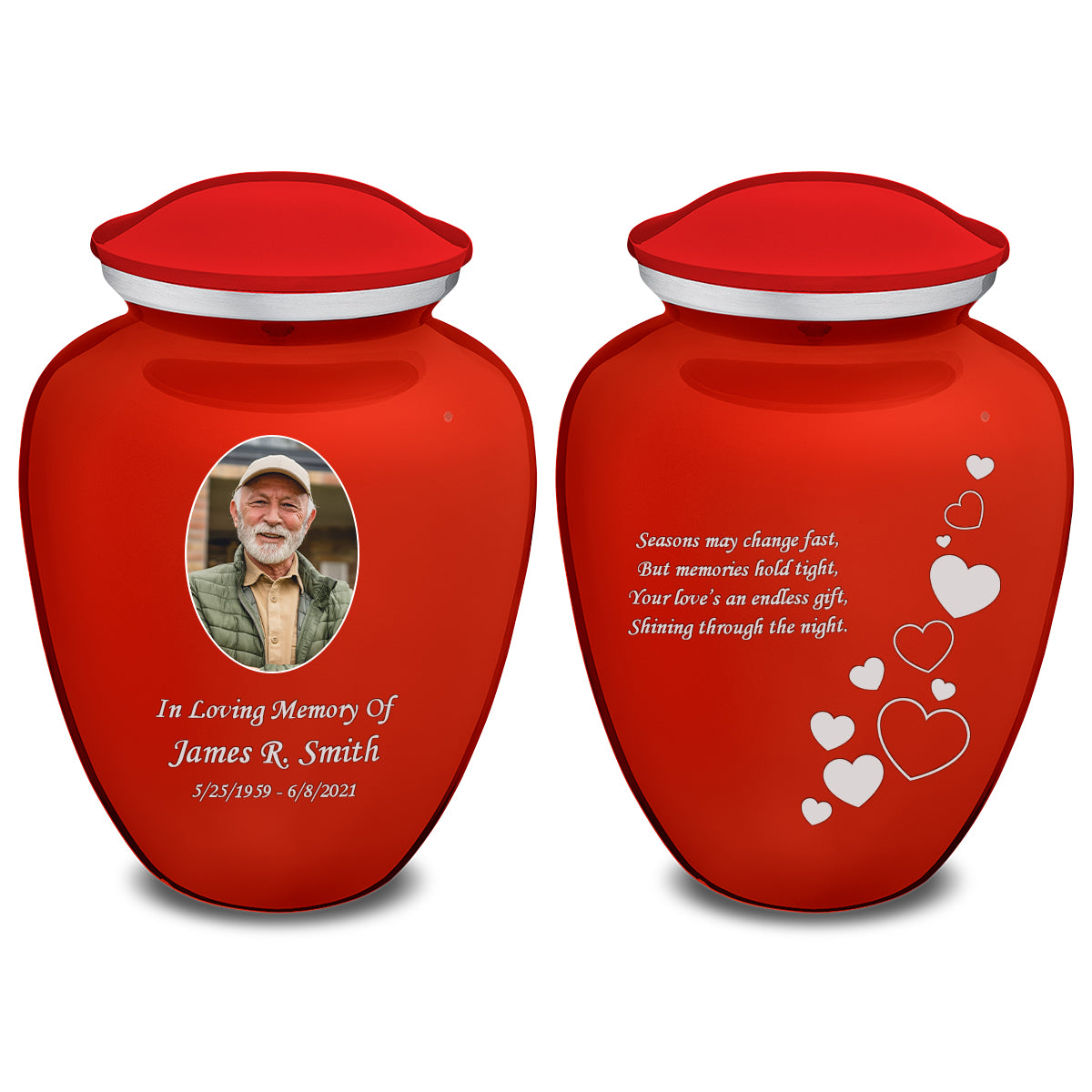 Medium Embrace Bright Red Portrait with Floating Hearts Cremation Urn