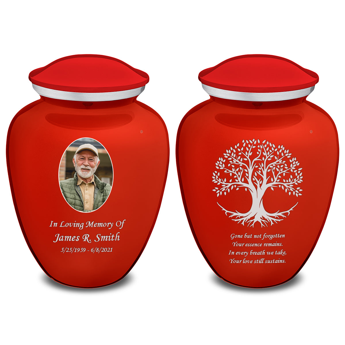 Medium Embrace Bright Red Portrait with Tree of Life Cremation Urn