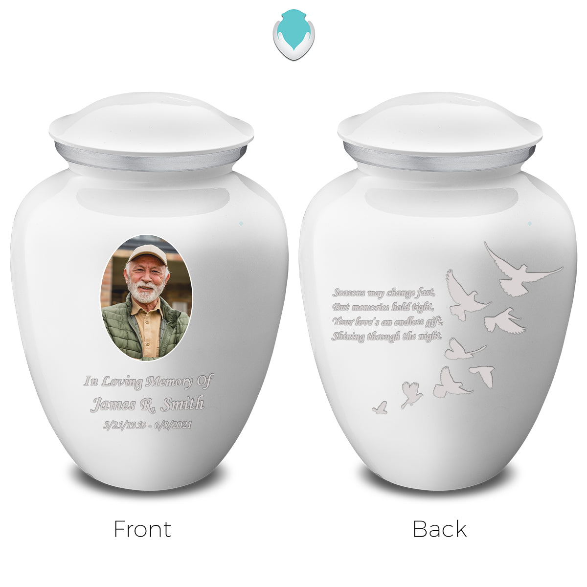 Medium Embrace White Portrait with Doves Cremation Urn