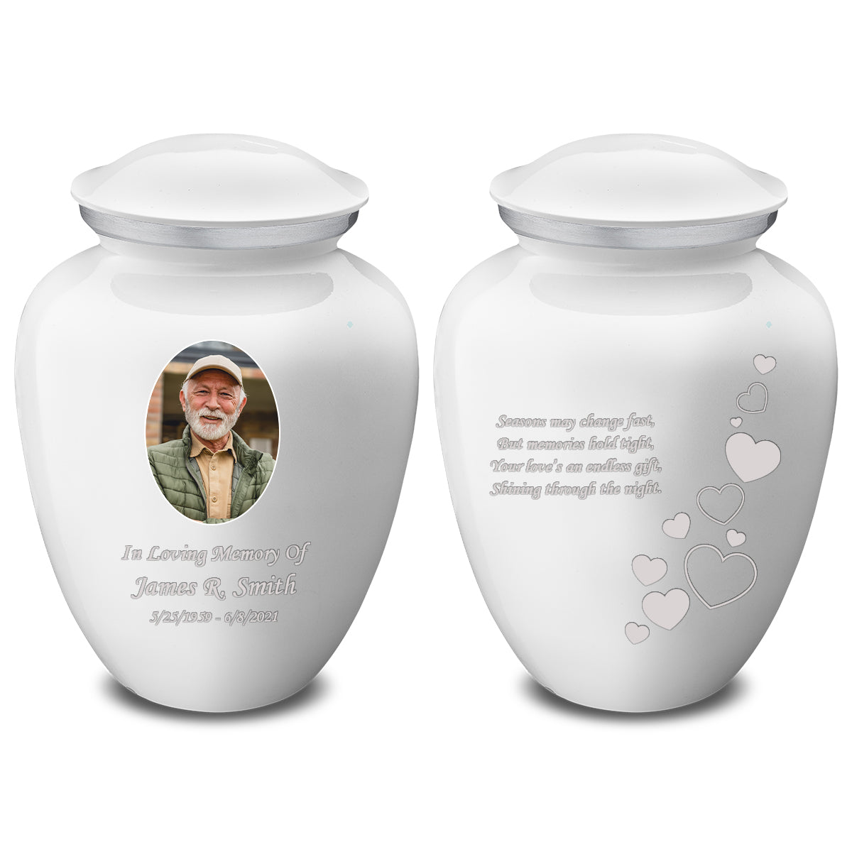 Medium Embrace White Portrait with Floating Hearts Cremation Urn