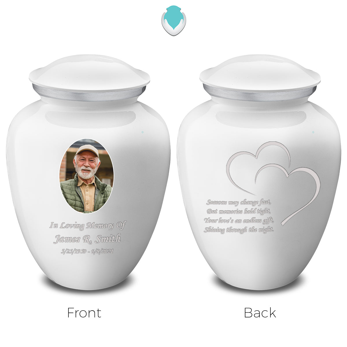Medium Embrace White Portrait with Hearts Cremation Urn