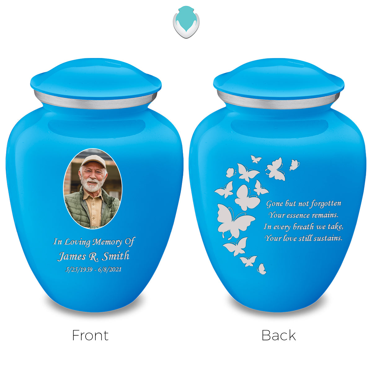 Medium Embrace Racing Blue Portrait with Butterflies Cremation Urn