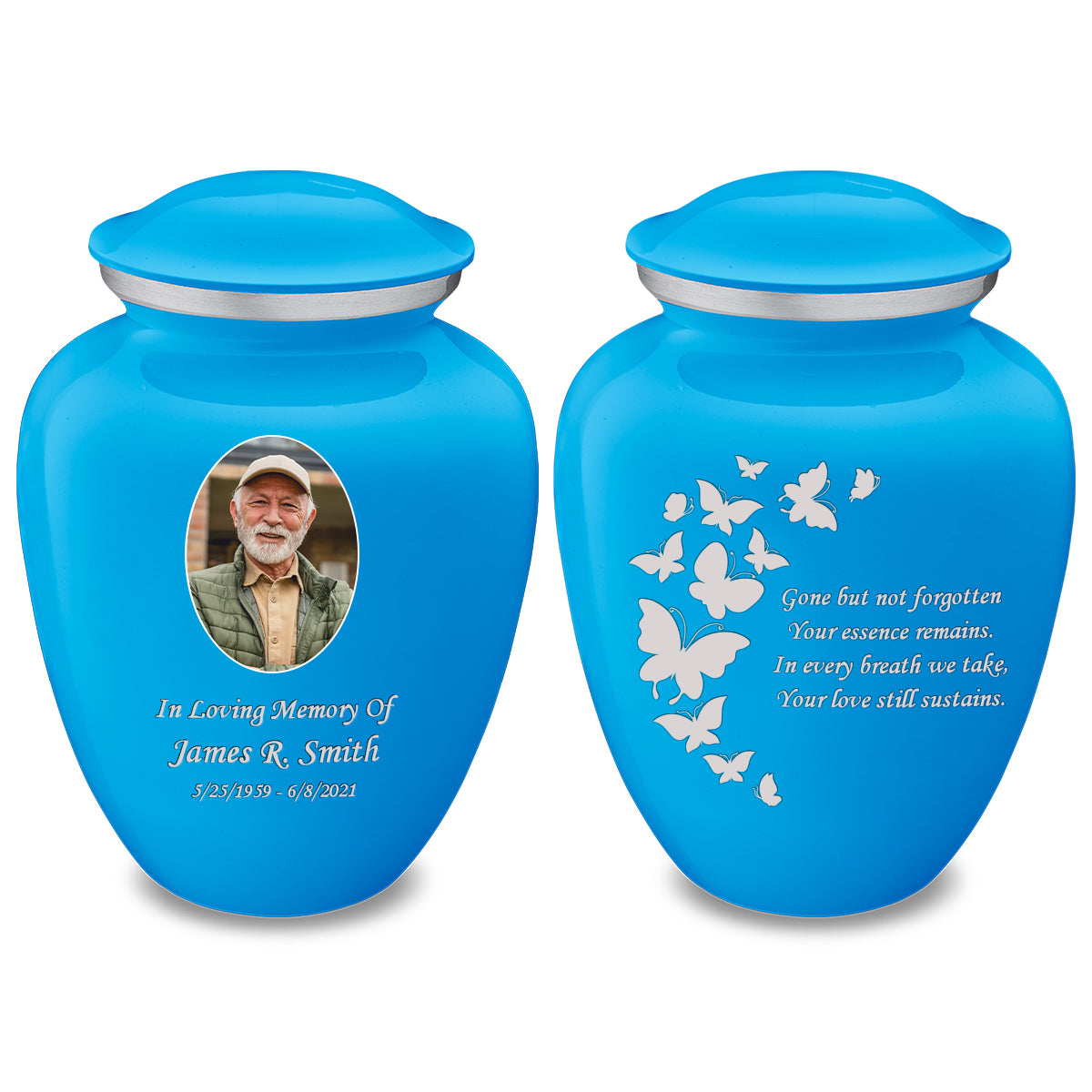 Medium Embrace Racing Blue Portrait with Butterflies Cremation Urn