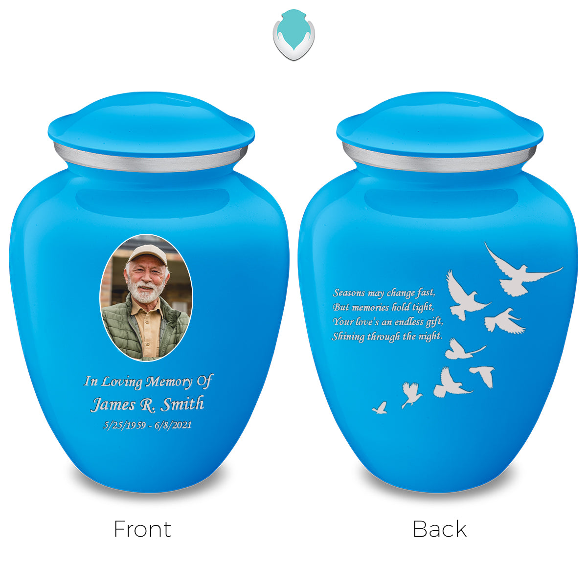 Medium Embrace Racing Blue Portrait with Doves Cremation Urn