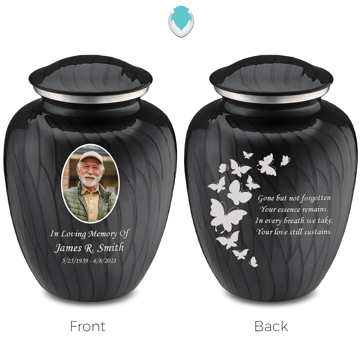 Medium Embrace Pearl Black Portrait with Butterflies Cremation Urn