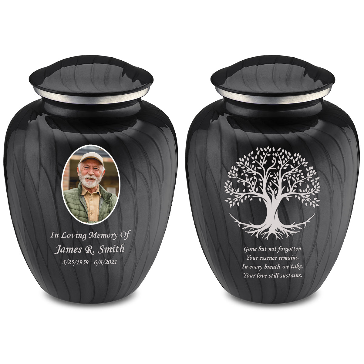 Medium Embrace Pearl Black Portrait with Tree of Life Cremation Urn