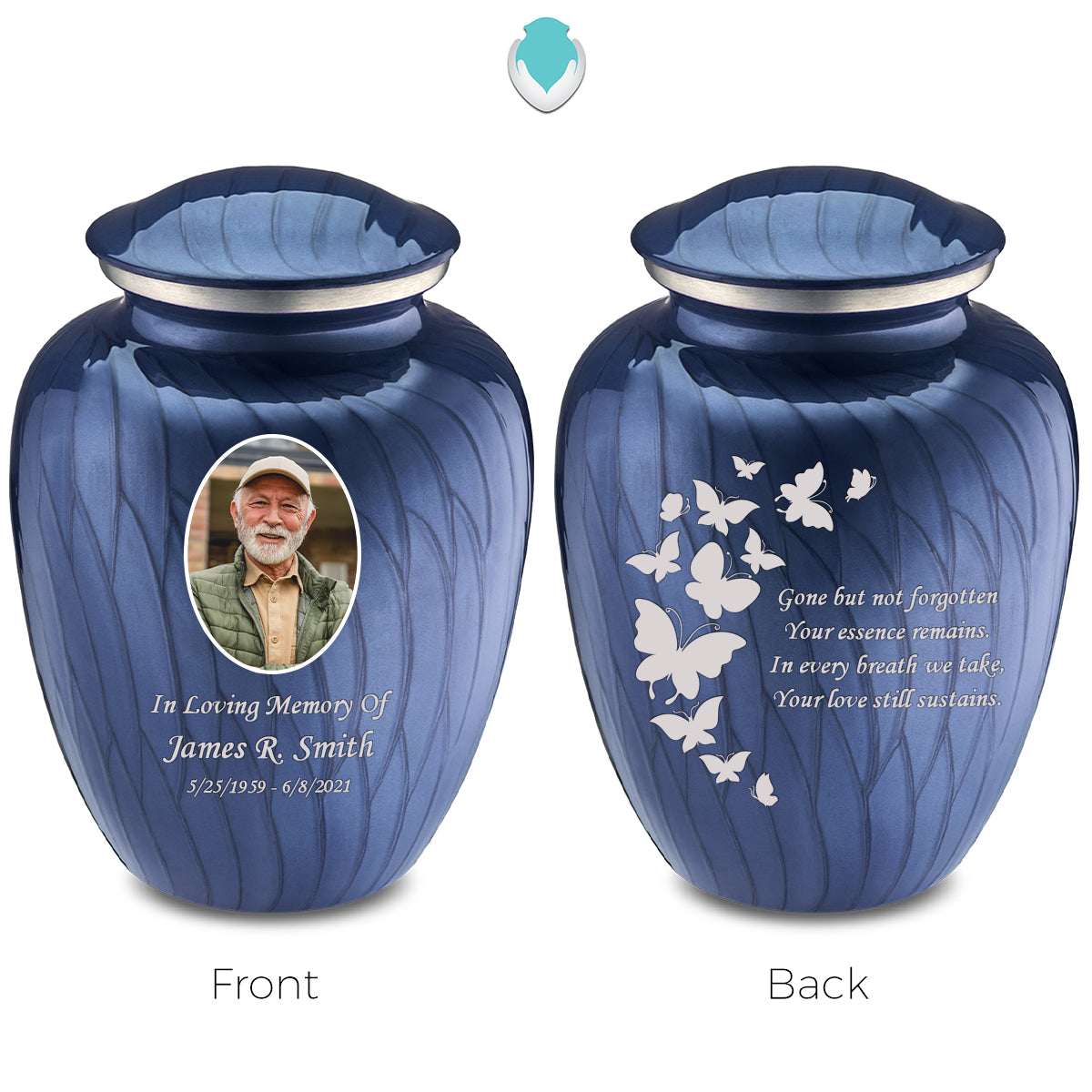 Medium Embrace Pearl Cobalt Blue Portrait with Butterflies Cremation Urn