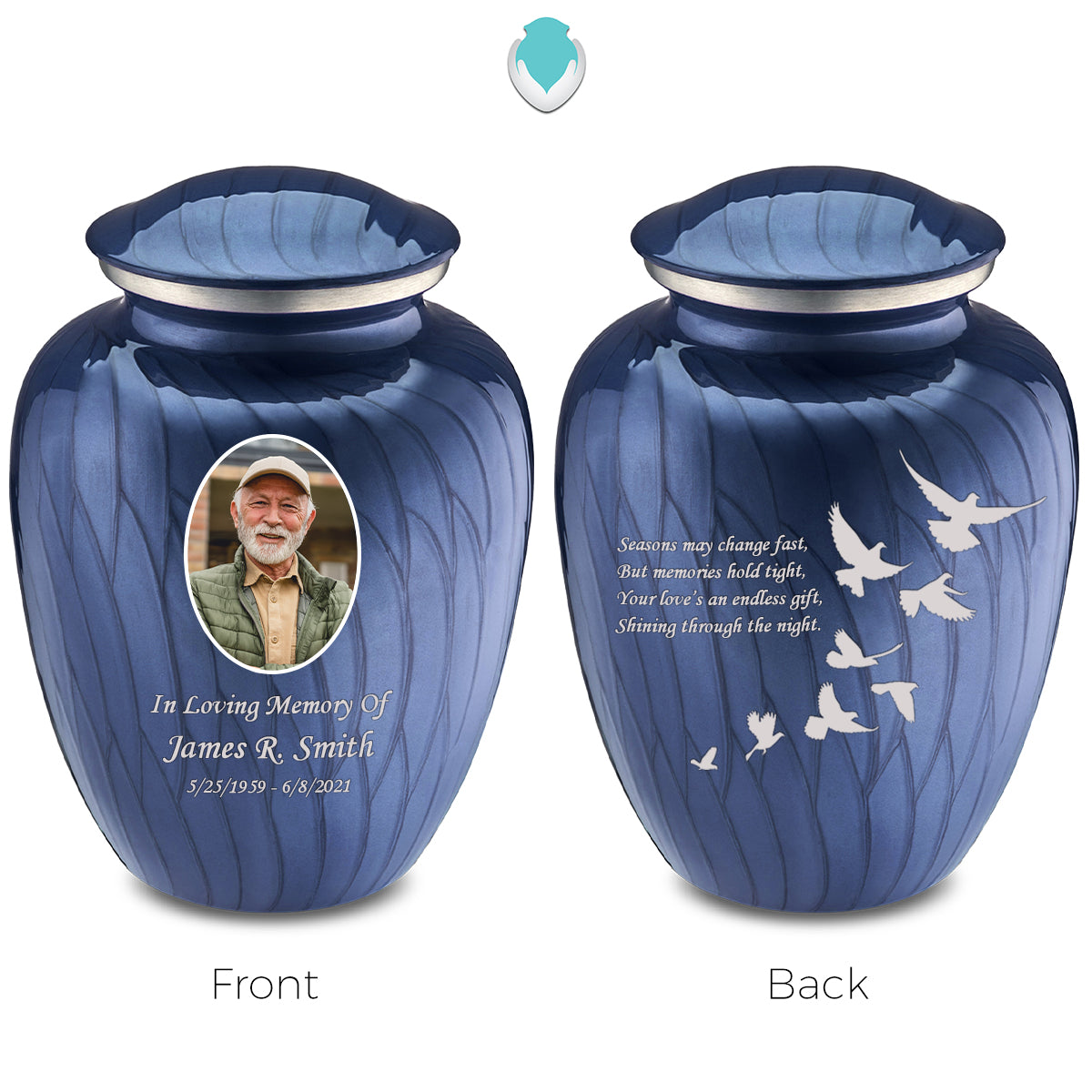 Adult Embrace Pearl Cobalt Blue Portrait with Doves Cremation Urn