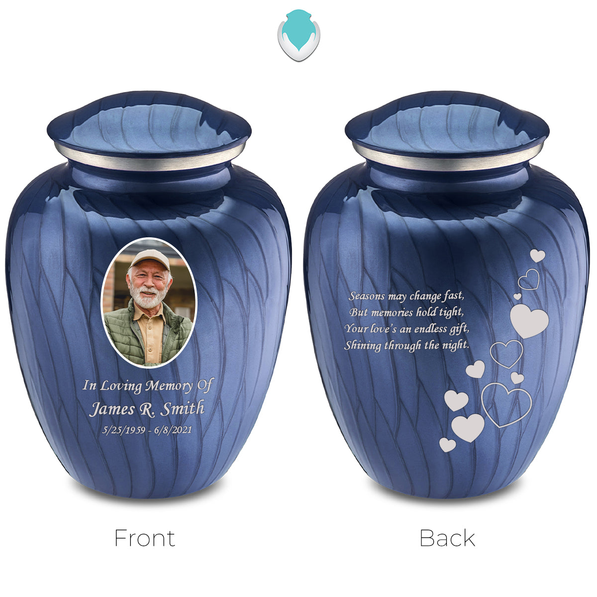 Medium Embrace Pearl Cobalt Blue Portrait with Floating Hearts Cremation Urn