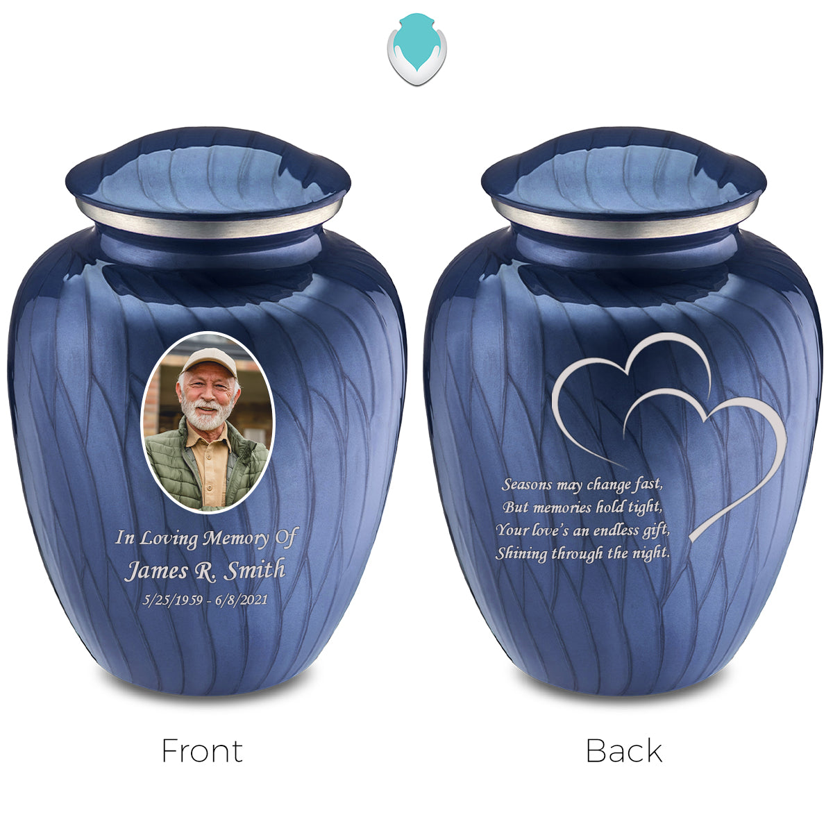 Medium Embrace Pearl Cobalt Blue Portrait with Hearts Cremation Urn