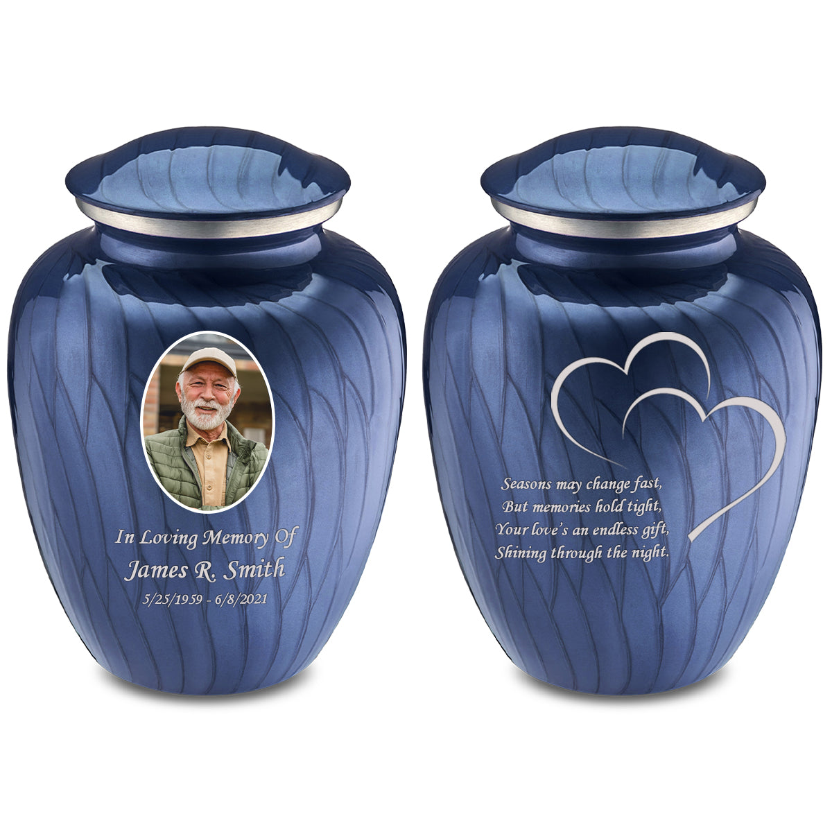 Medium Embrace Pearl Cobalt Blue Portrait with Hearts Cremation Urn