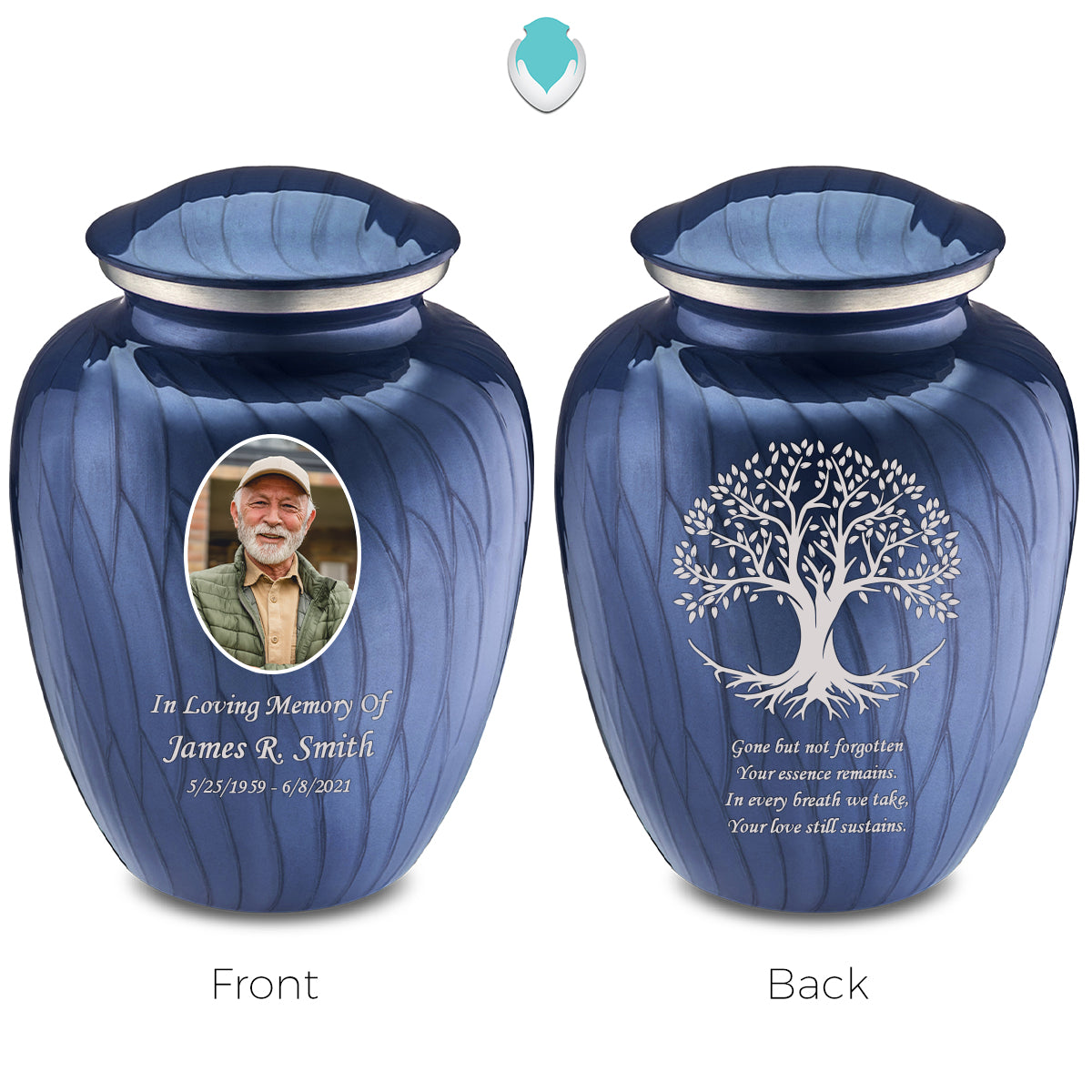 Adult Embrace Pearl Cobalt Blue Portrait with Tree of Life Cremation Urn