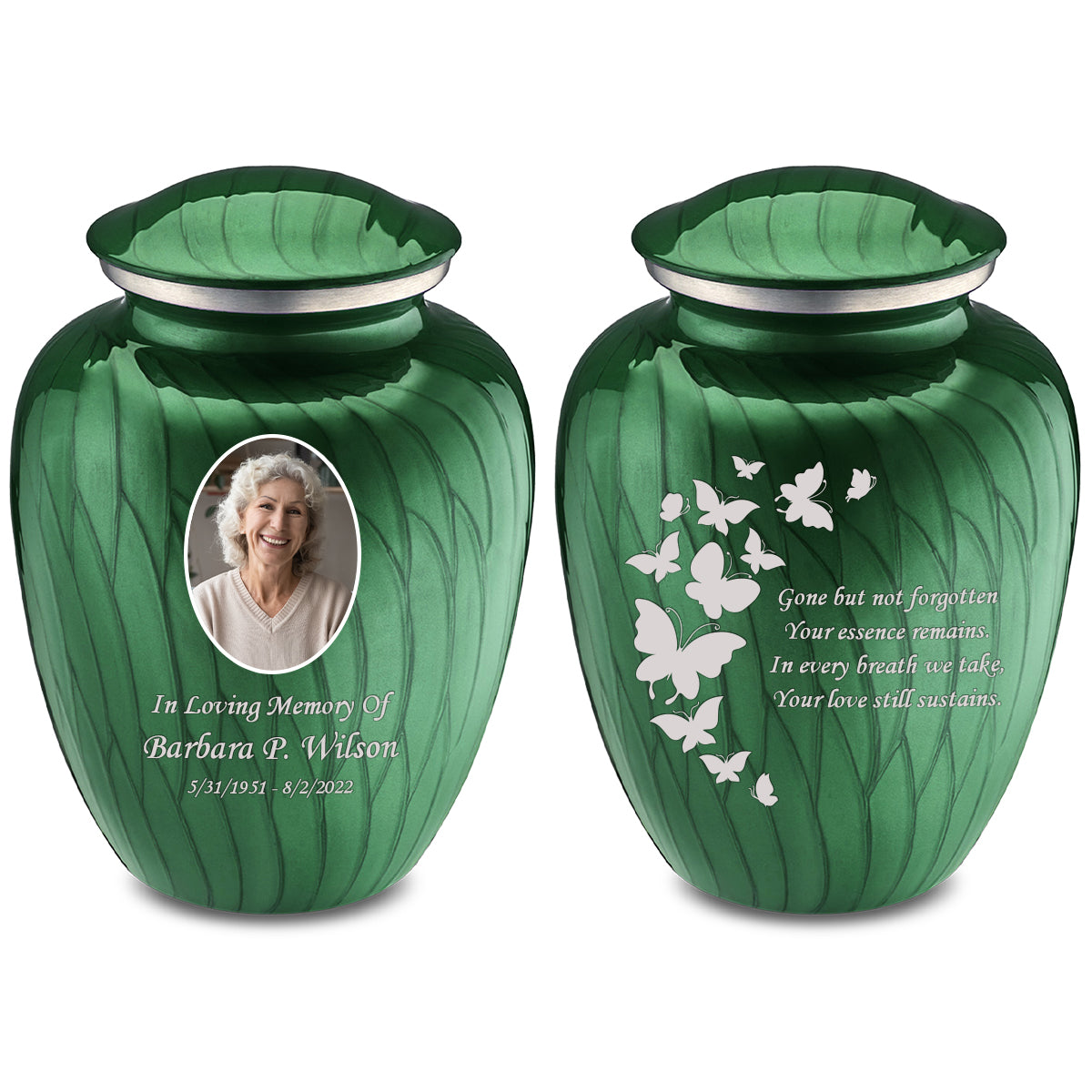 Medium Embrace Pearl Green Portrait with Butterflies Cremation Urn