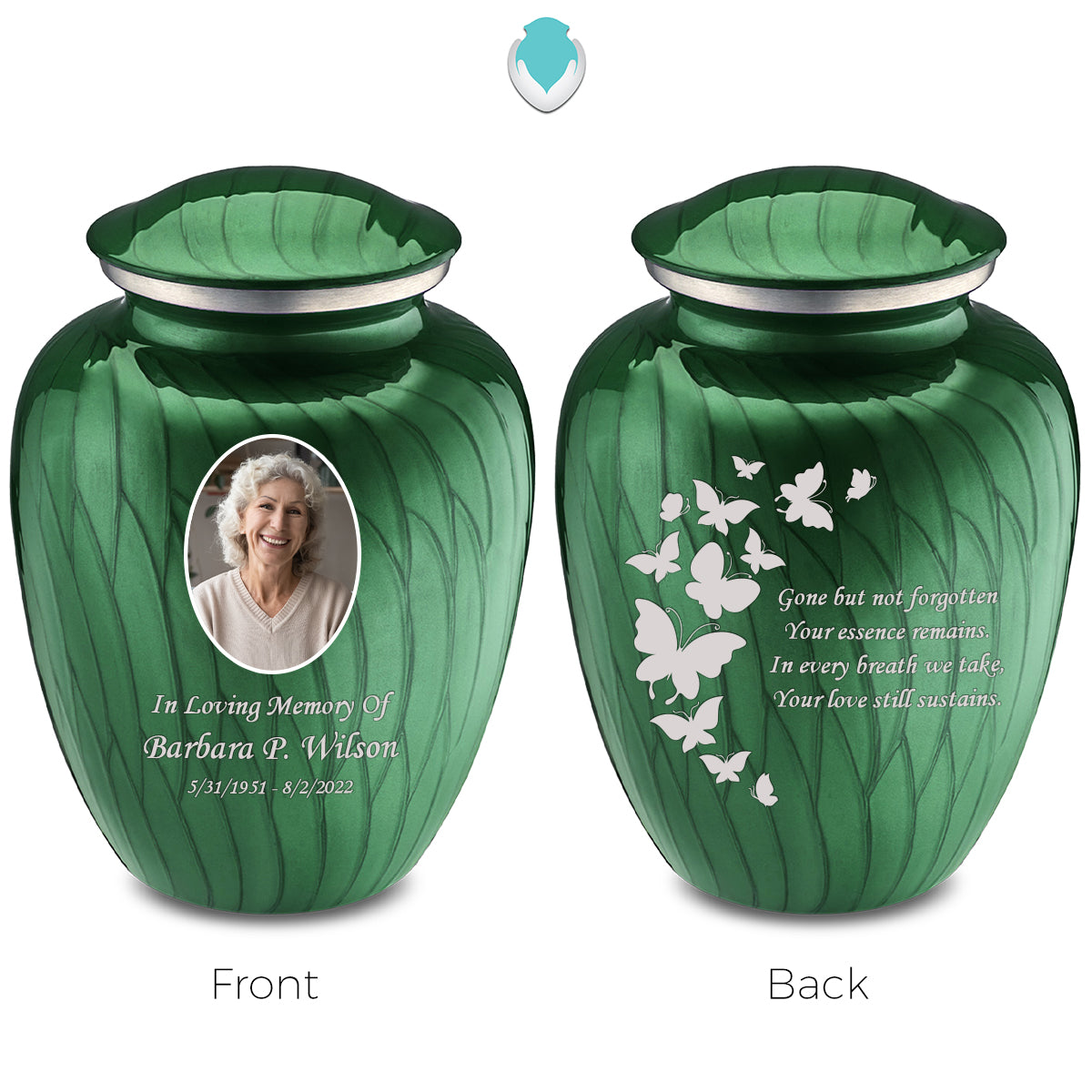 Medium Embrace Pearl Green Portrait with Butterflies Cremation Urn
