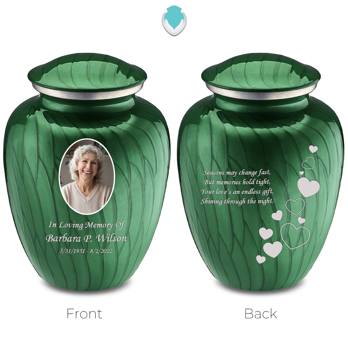 Medium Embrace Pearl Green Portrait with Floating Hearts Cremation Urn