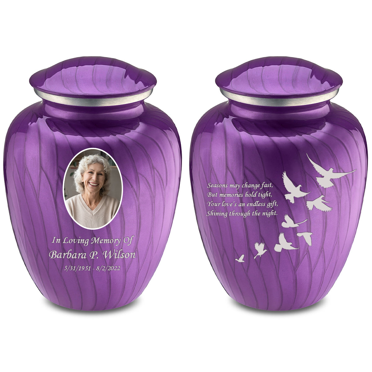 Adult Embrace Pearl Purple Portrait with Doves Cremation Urn