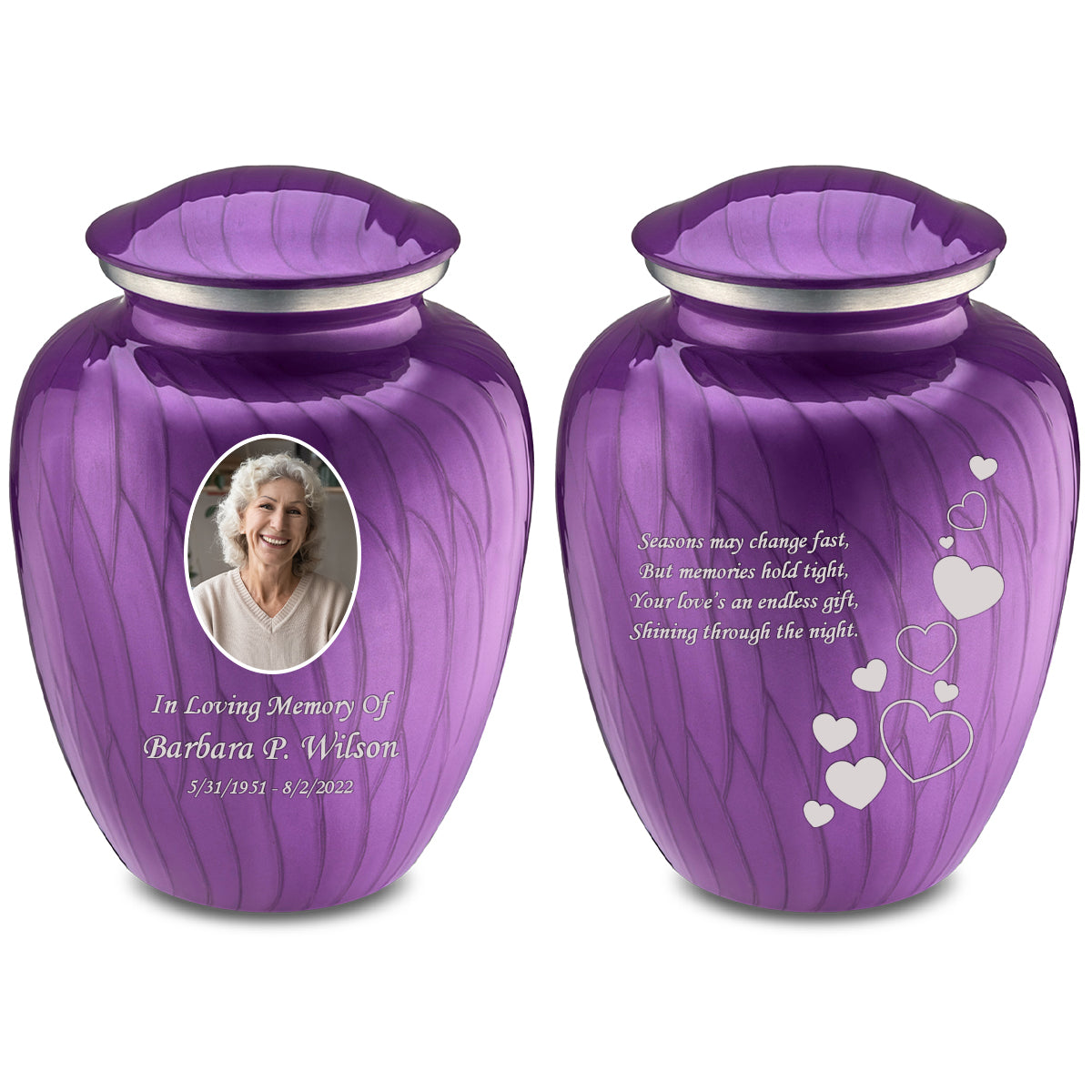 Medium Embrace Pearl Purple Portrait with Floating Hearts Cremation Urn