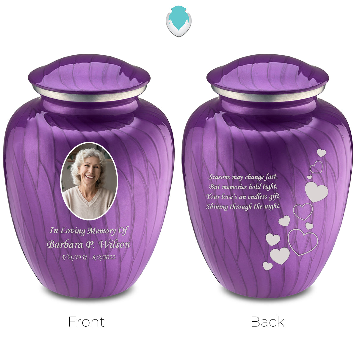 Medium Embrace Pearl Purple Portrait with Floating Hearts Cremation Urn