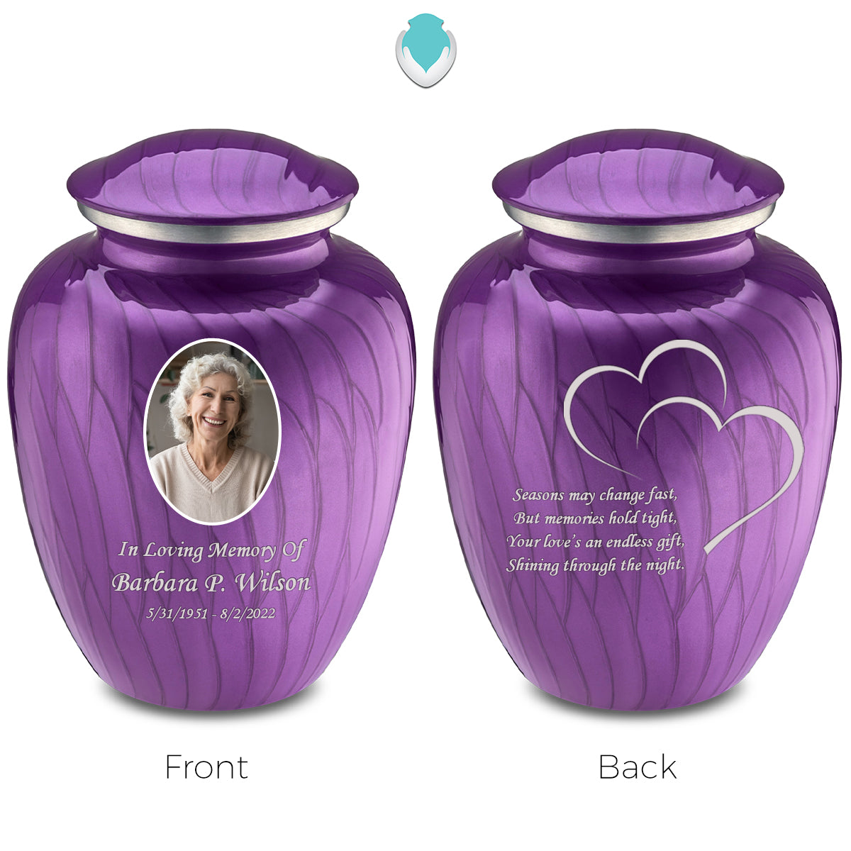 Medium Embrace Pearl Purple Portrait with Hearts Cremation Urn