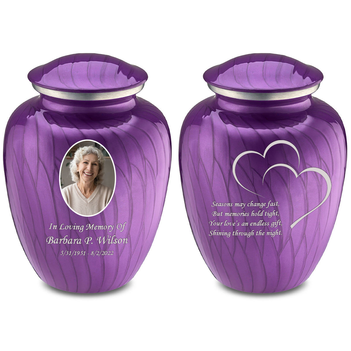 Medium Embrace Pearl Purple Portrait with Hearts Cremation Urn