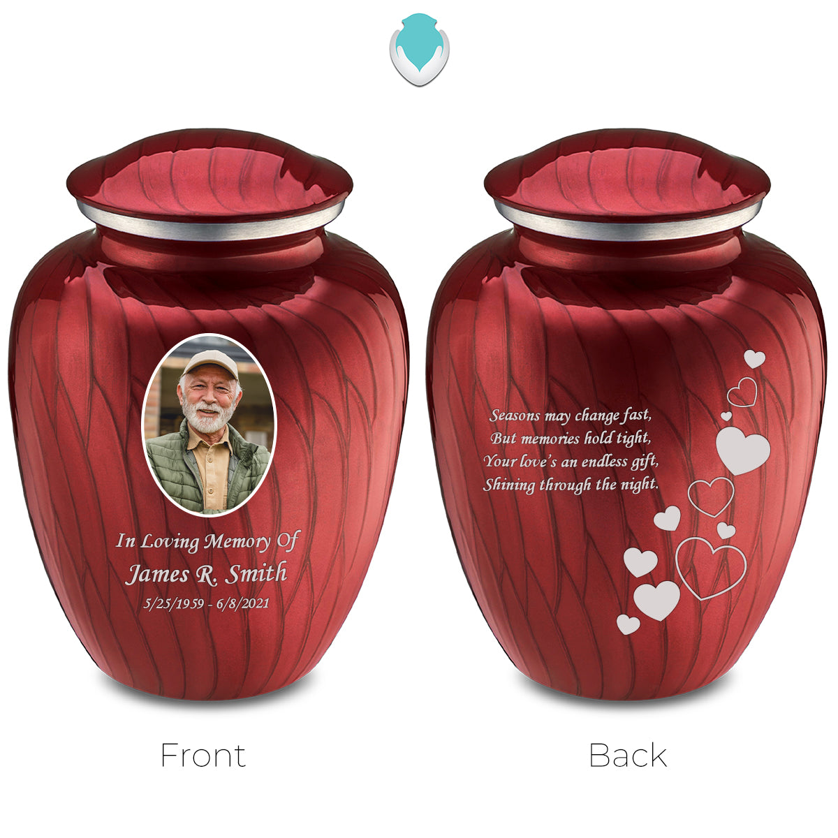 Medium Embrace Pearl Candy Red Portrait with Floating Hearts Cremation Urn