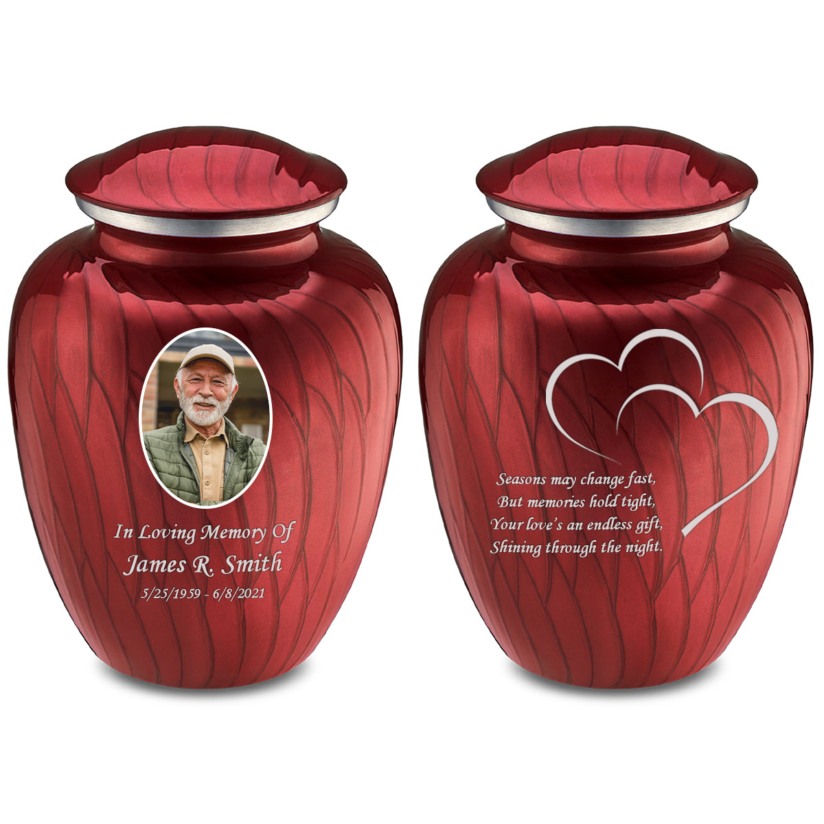 Adult Embrace Pearl Candy Red Portrait with Hearts Cremation Urn