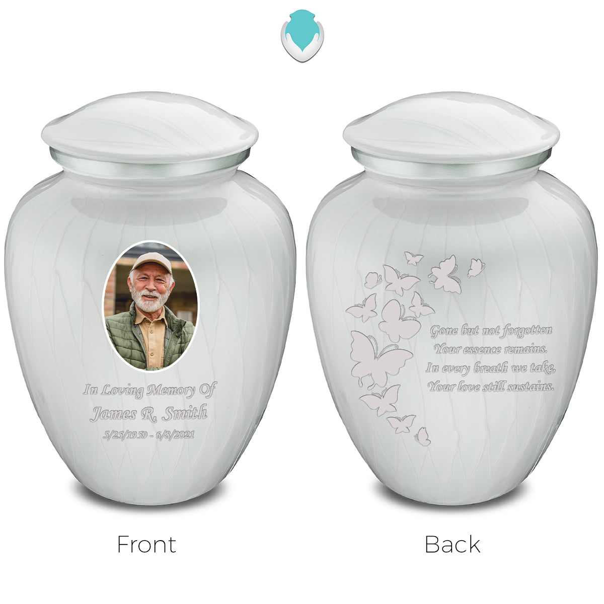 Medium Embrace Pearl White Portrait with Butterflies Cremation Urn