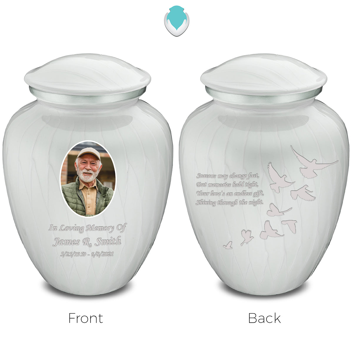 Adult Embrace Pearl White Portrait with Doves Cremation Urn