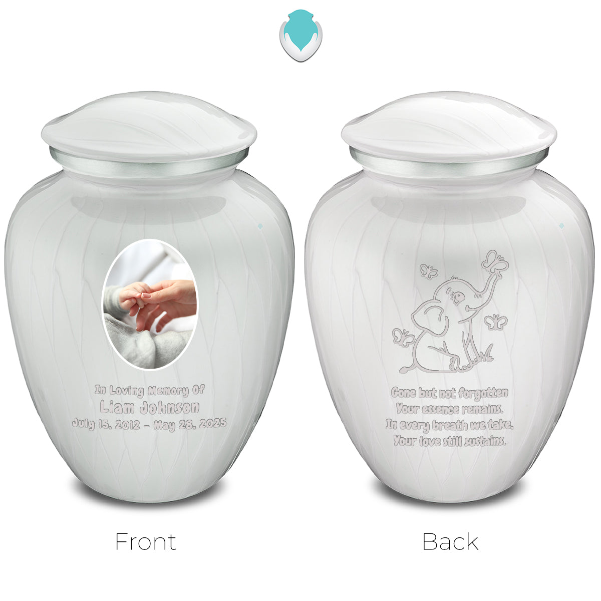 Small Embrace Pearl White Portrait with Elephant Butterflies Cremation Urn