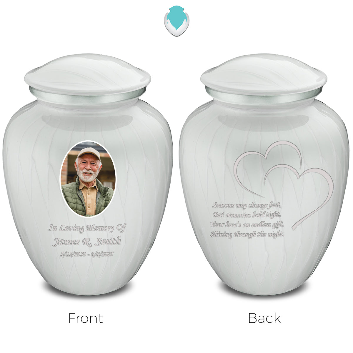 Medium Embrace Pearl White Portrait with Hearts Cremation Urn