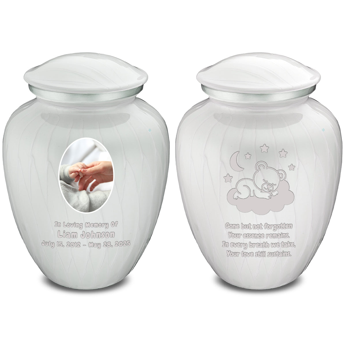 Small Embrace Pearl White Portrait with Sleeping Teddy Cremation Urn
