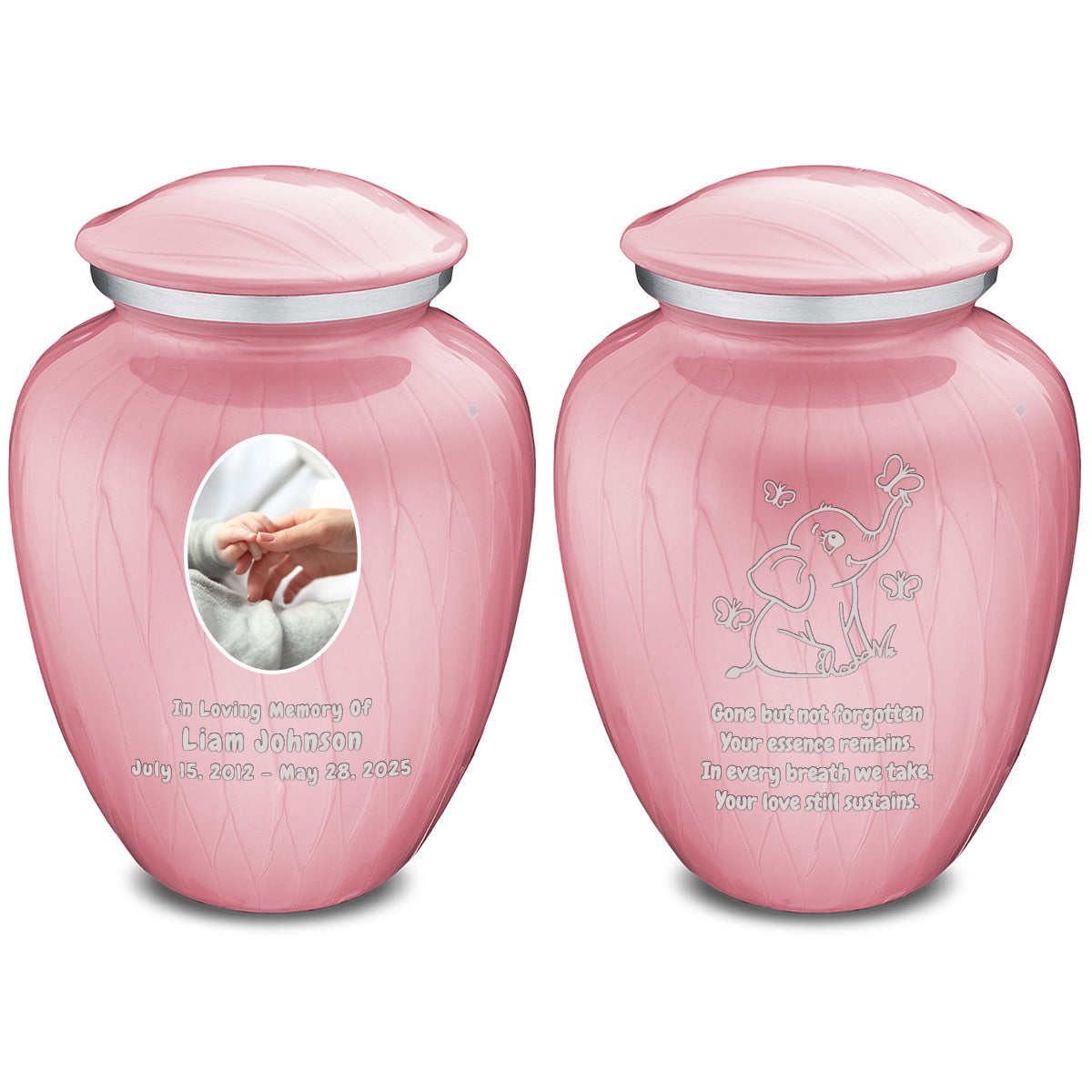 Small Embrace Pearl Pink Portrait with Elephant Butterflies Cremation Urn