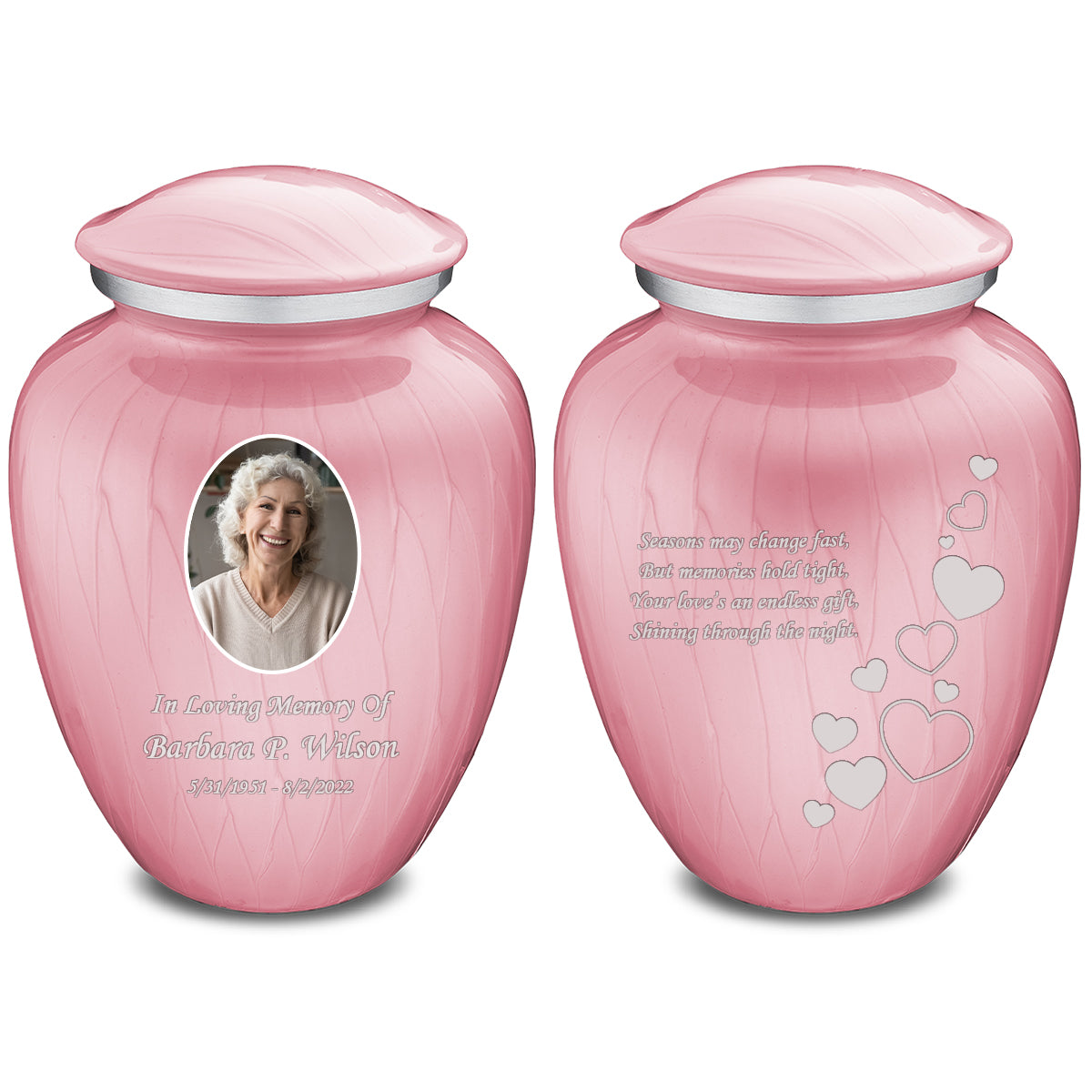 Adult Embrace Pearl Pink Portrait with Floating Hearts Cremation Urn