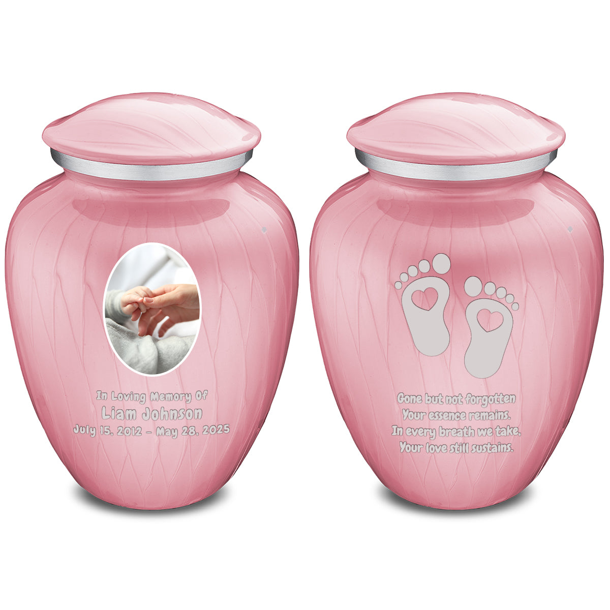 Small Embrace Pearl Light Pink Portrait with Baby Heart Feet Cremation Urn