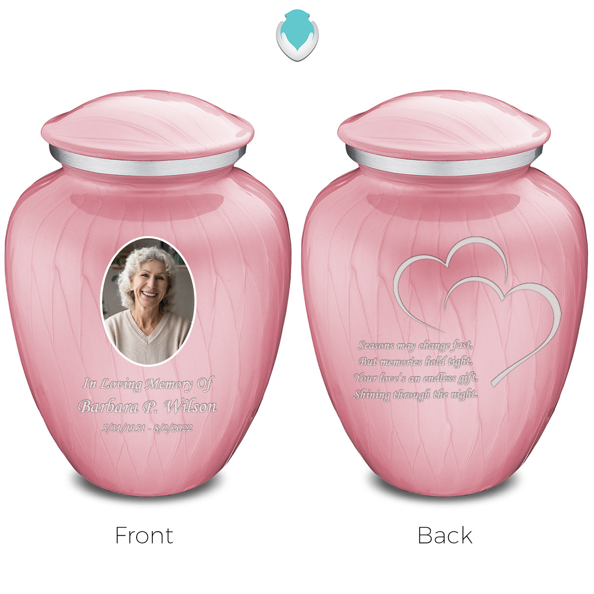 Medium Embrace Pearl Pink Portrait with Hearts Cremation Urn