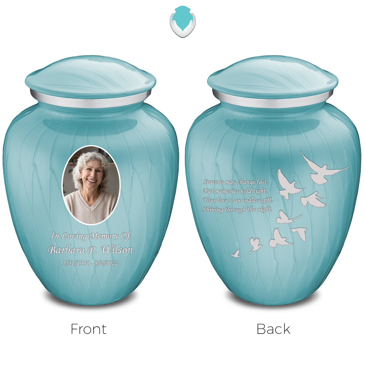 Adult Embrace Pearl Light Blue Portrait with Doves Cremation Urn