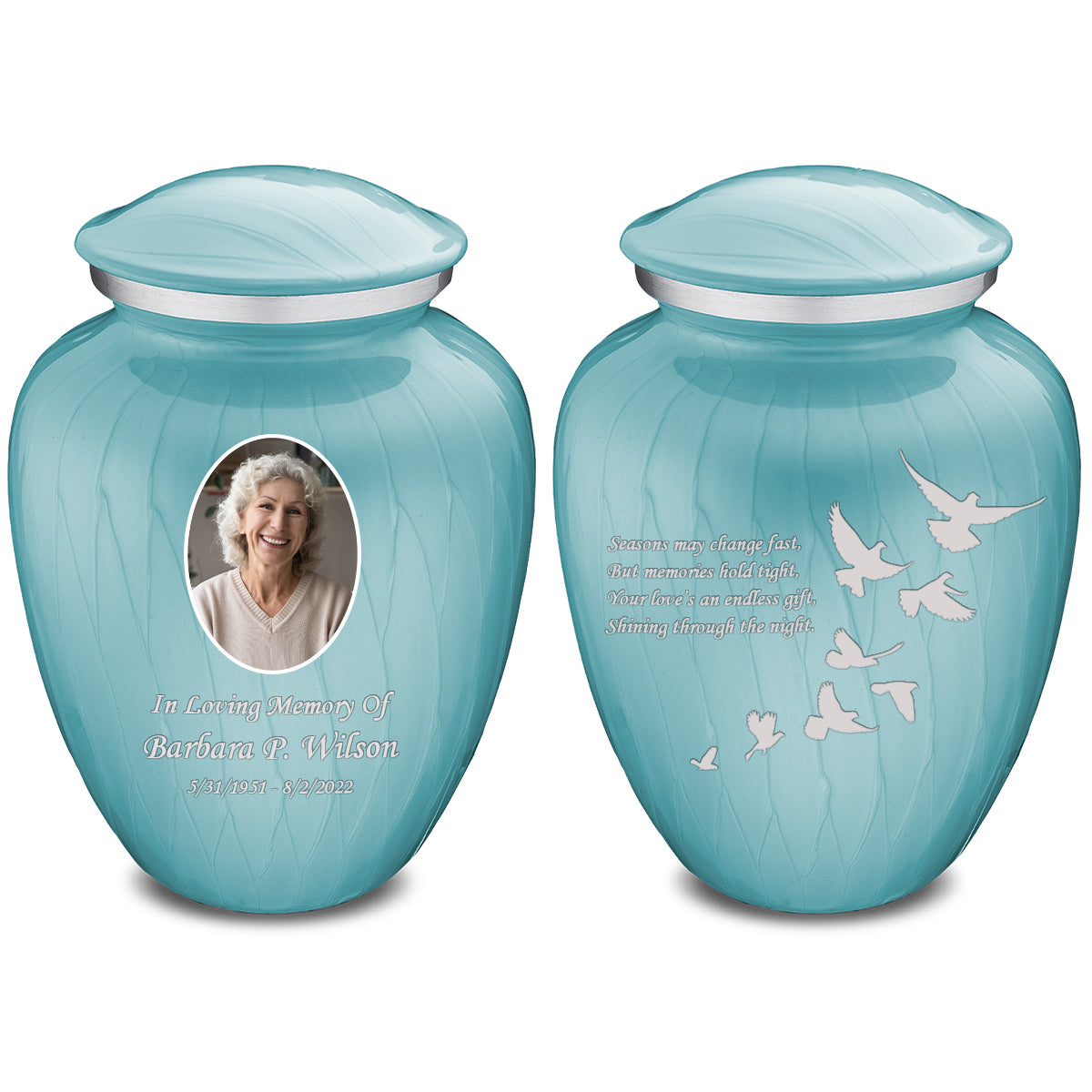 Adult Embrace Pearl Light Blue Portrait with Doves Cremation Urn
