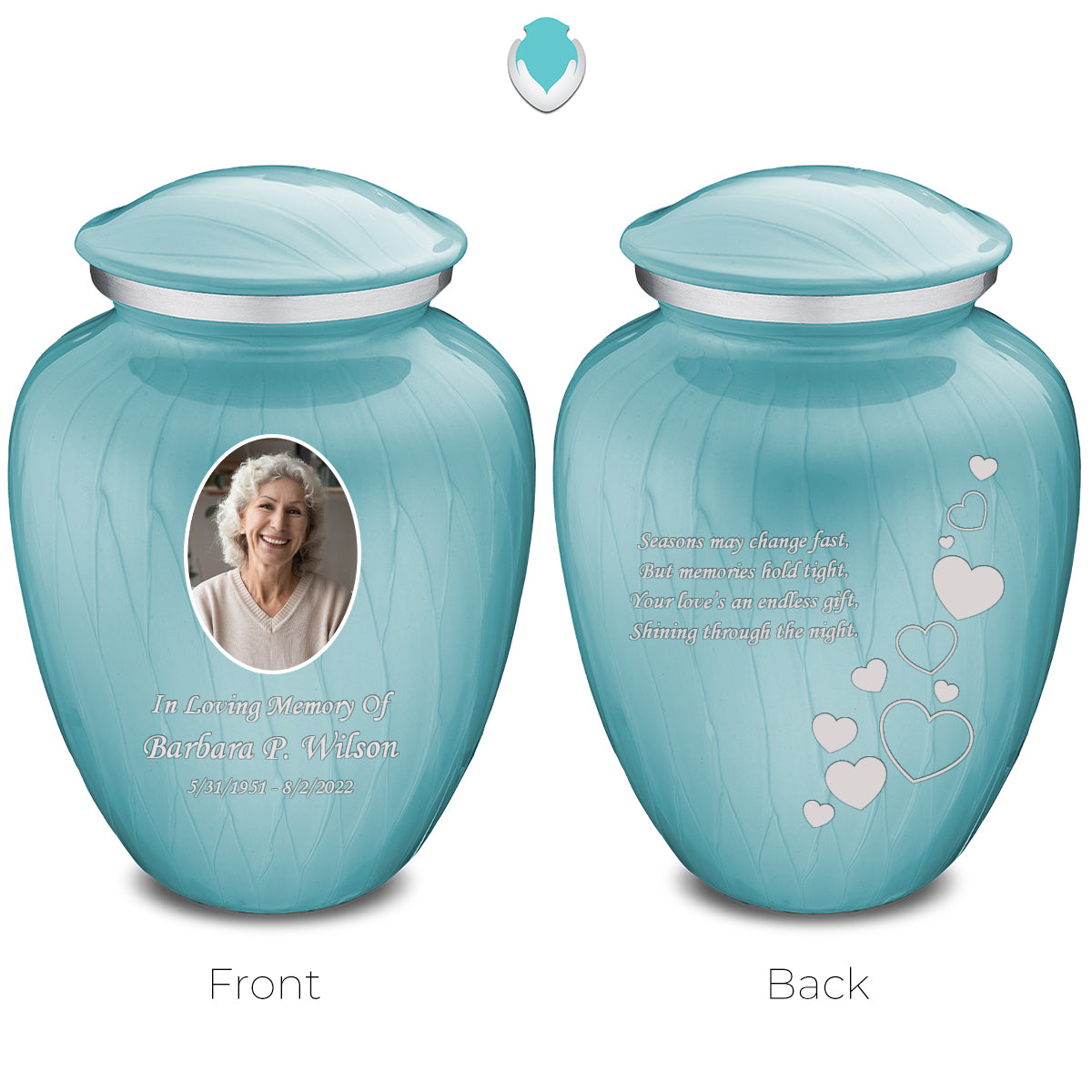 Medium Embrace Pearl Light Blue Portrait with Floating Hearts Cremation Urn