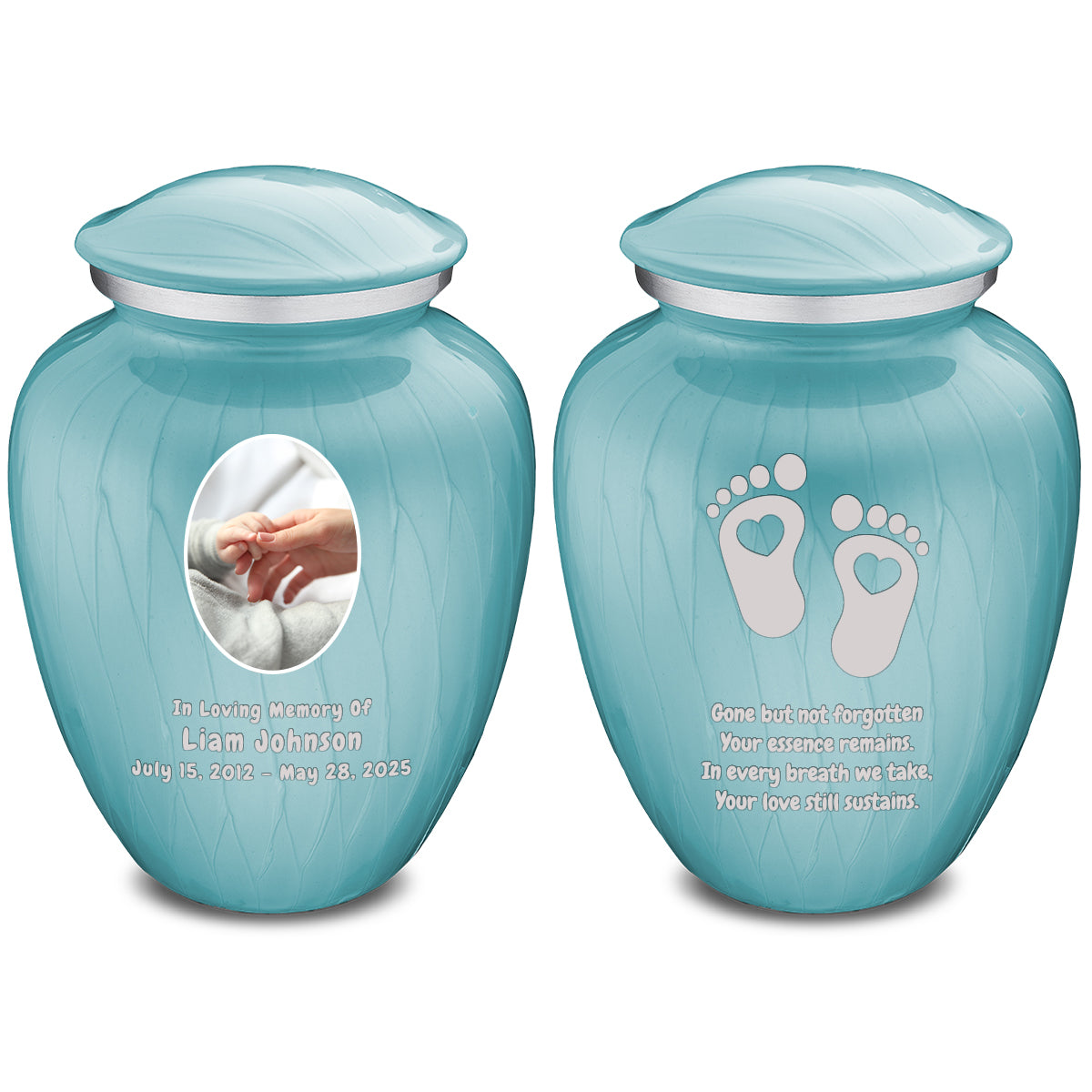 Small Embrace Pearl Light Blue Portrait with Baby Heart Feet Cremation Urn