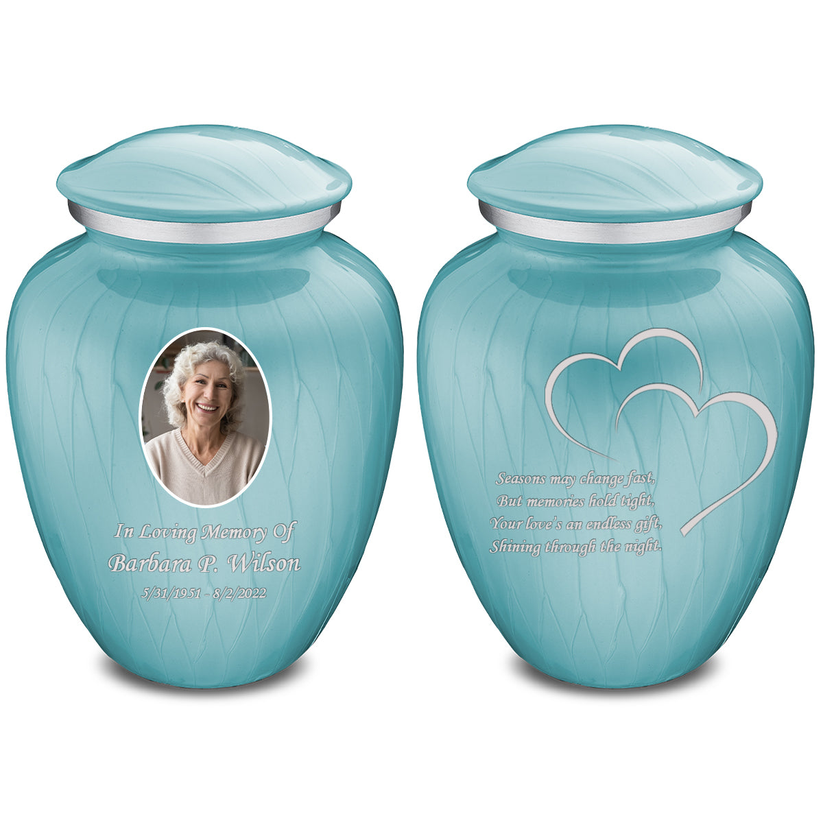 Adult Embrace Pearl Light Blue Portrait with Hearts Cremation Urn