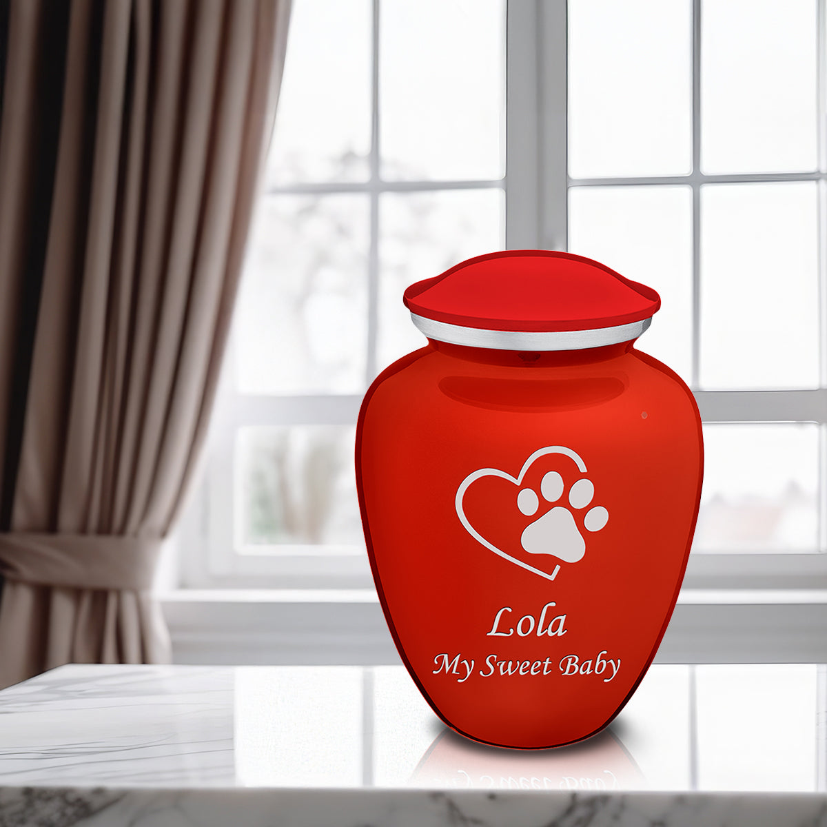 Large Embrace Bright Red Single Paw Heart Pet Cremation Urn