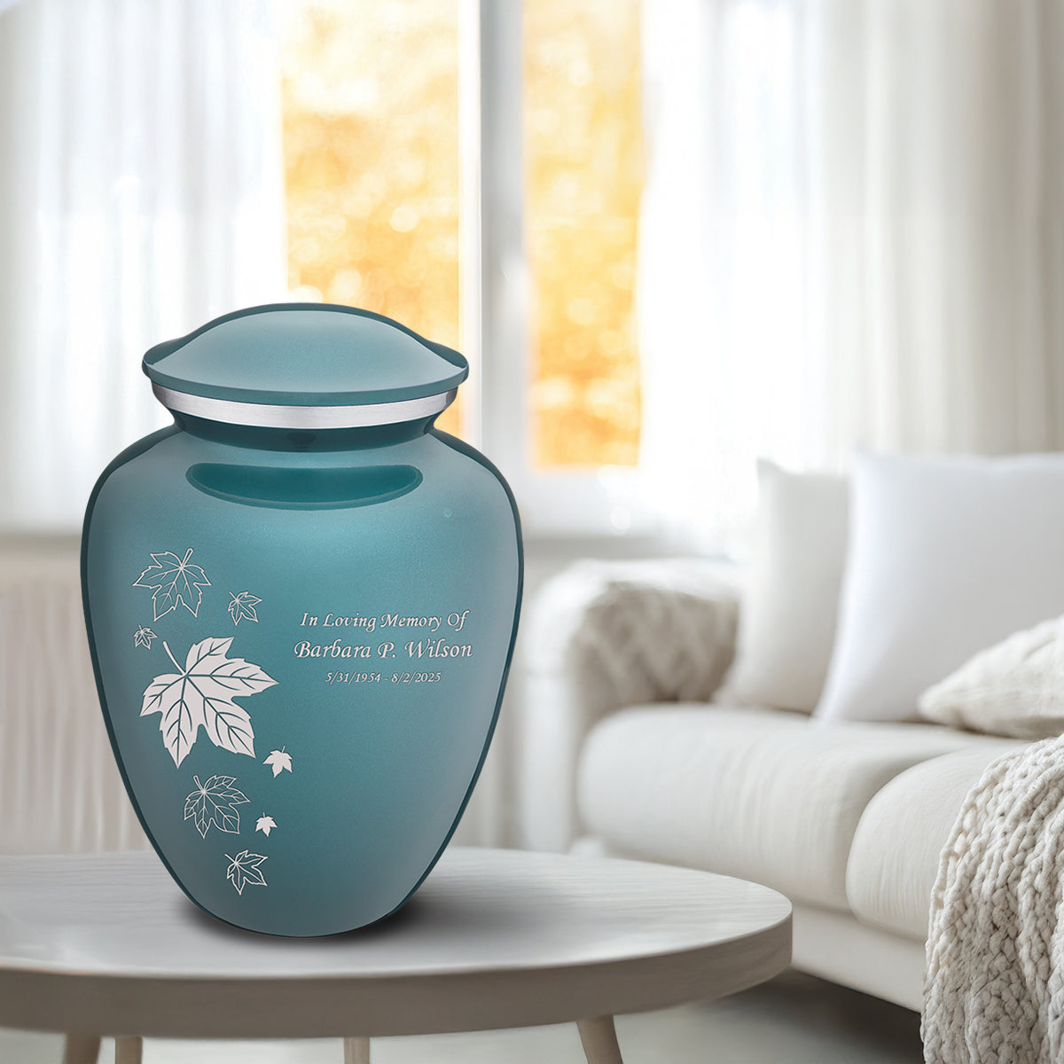 Adult Embrace Teal Falling Leaves Cremation Urn