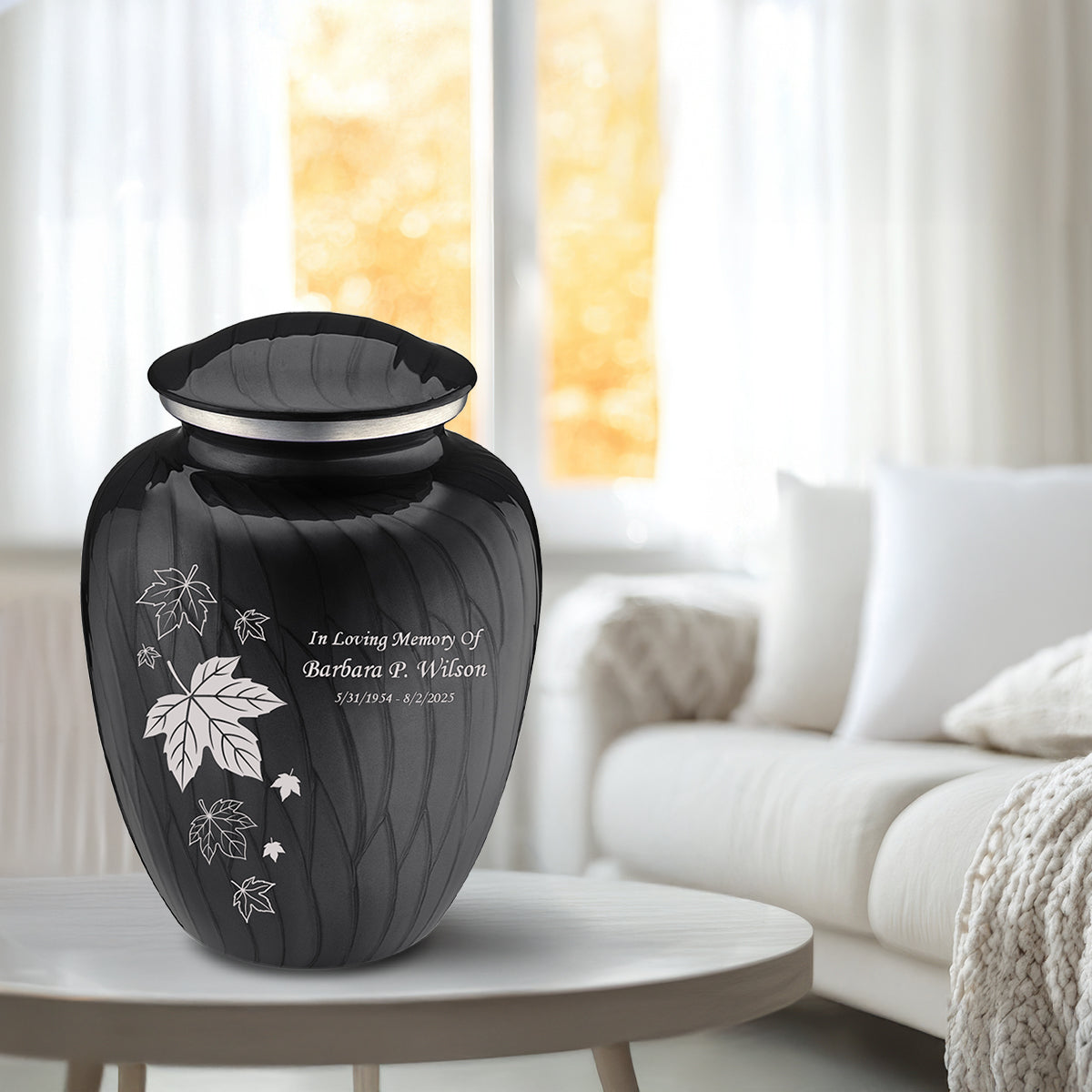Adult Embrace Pearl Black Falling Leaves Cremation Urn