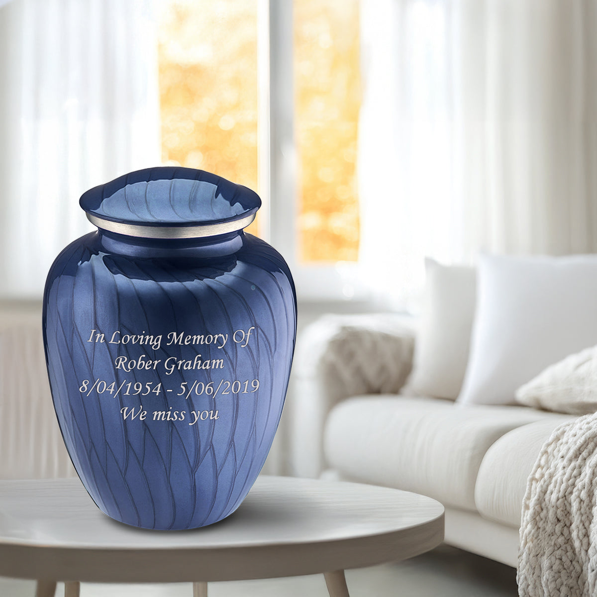 Adult Embrace Pearl Cobalt Blue Custom Engraved Cremation Urn