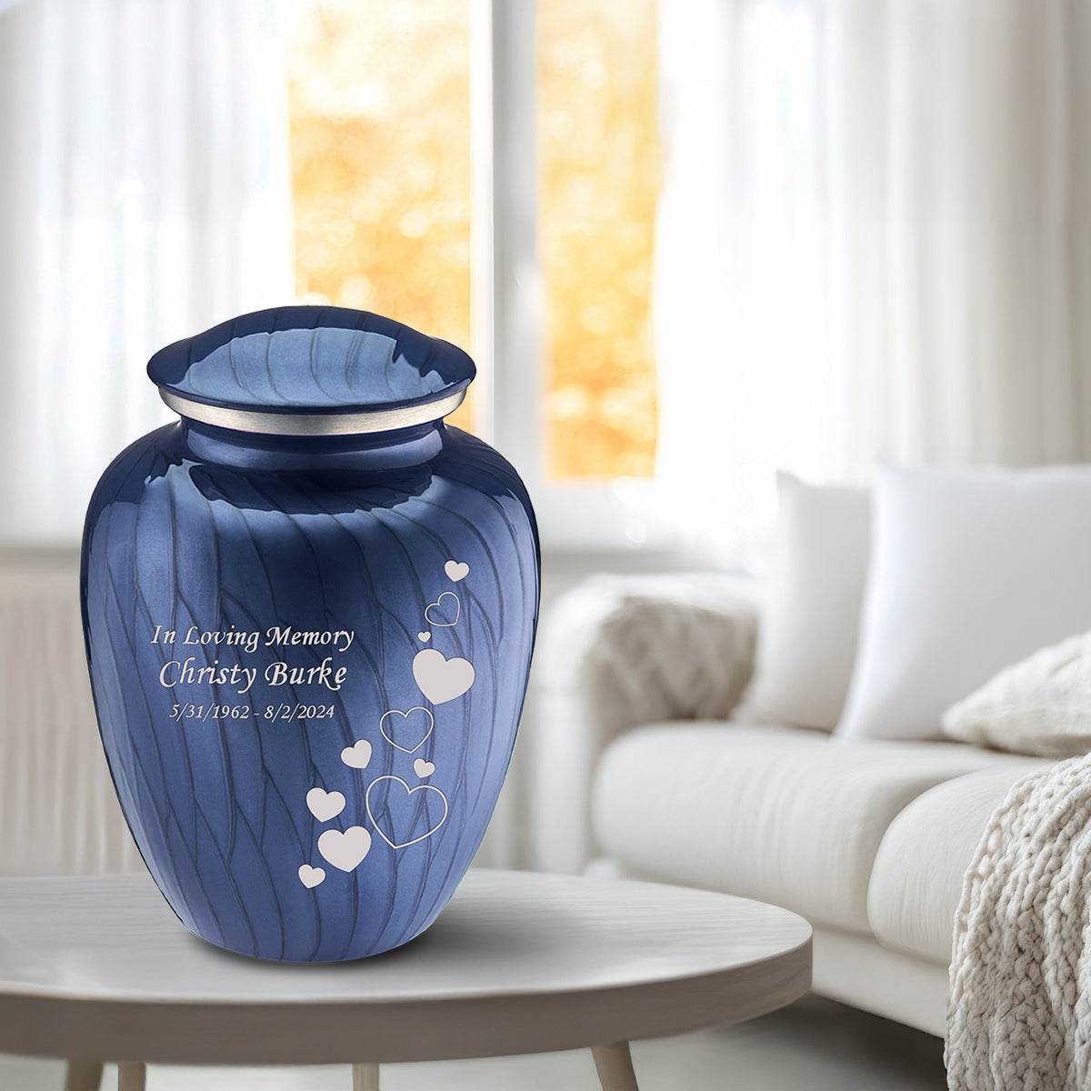 Adult Embrace Pearl Cobalt Blue Floating Heart Cremation Urn