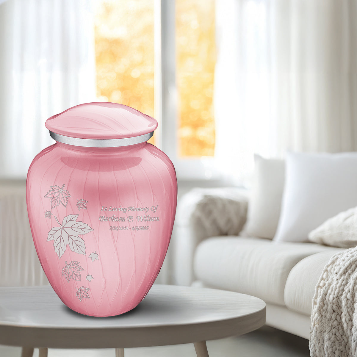 Adult Embrace Pearl Pink Falling Leaves Cremation Urn