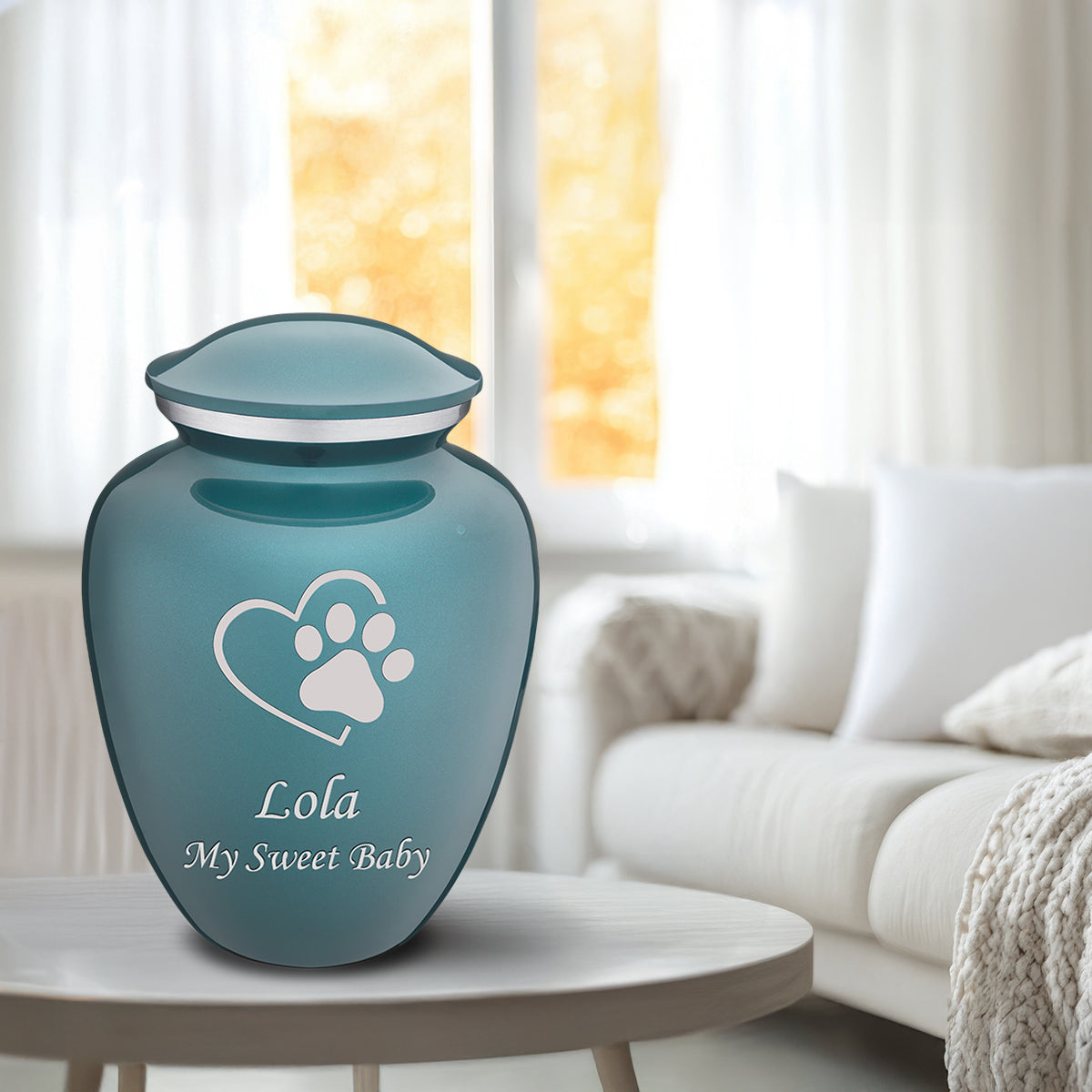 Large Embrace Teal Single Paw Heart Pet Cremation Urn