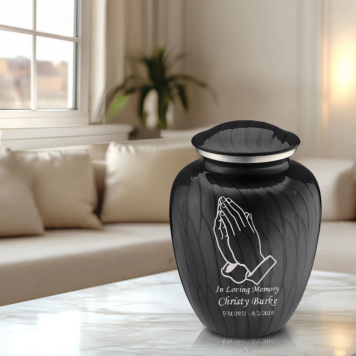 Adult Embrace Pearl Black Praying Hands Cremation Urn