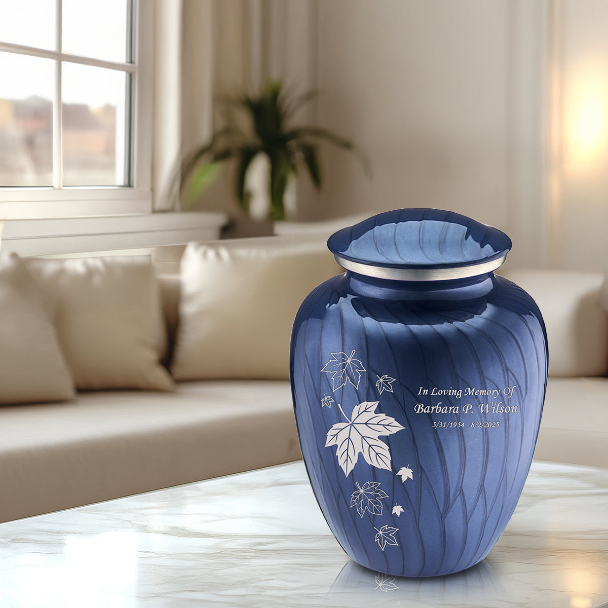 Adult Embrace Pearl Cobalt Blue Falling Leaves Cremation Urn